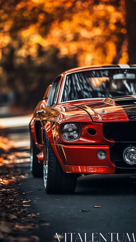 Red classic car is parked on a tree-lined roadway
