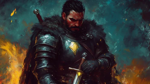 Brooding knight in embers, holding quiet strength and steel.