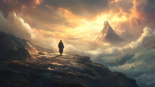 Wanderer strides toward a sunlit peak above mythic clouds.