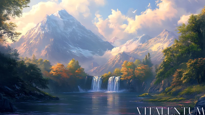 Mountain lake, tiered waterfall, and forest are depicted