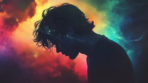 Silhouetted figure dissolves into prismatic galactic nebula.