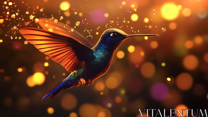 Radiant hummingbird glows in golden bokeh twilight sky
