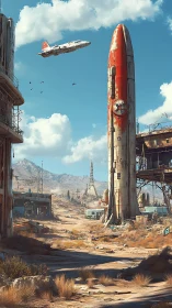 Sunburned Rocket Relic Guards a Rusted Desert Skyway.
