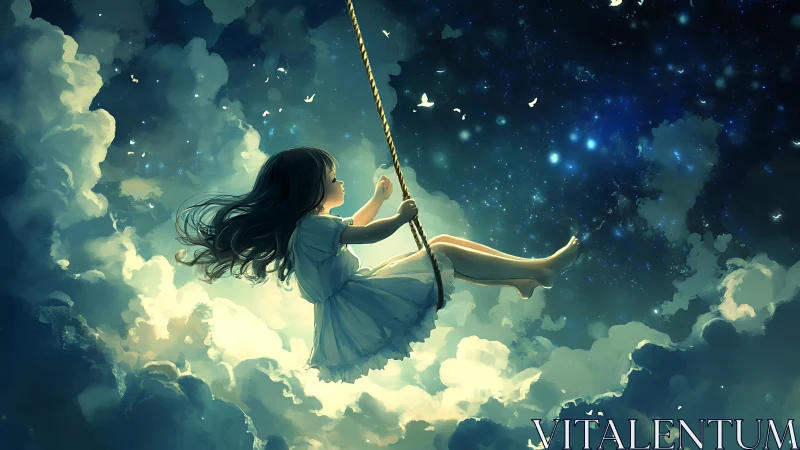 Girl on luminous rope swing suspended amid volumetric night clouds