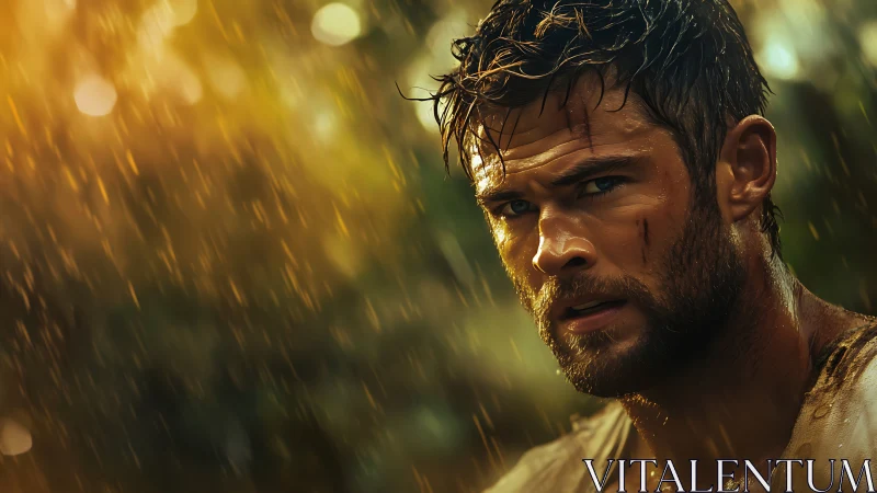 Battle-worn man stares through rain with fierce resolve.