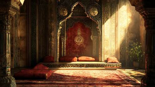 Golden-lit ornate lounge alcove with crimson cushions.