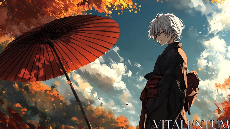 White haired figure in kimono stands beneath red umbrella in autumn