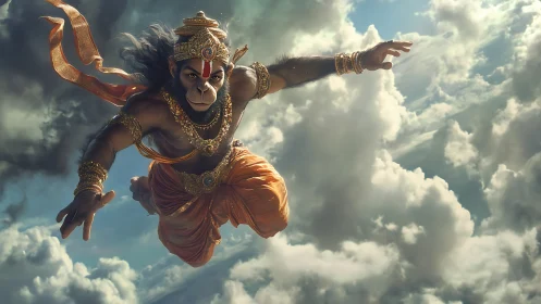Skyborne monkey warrior in gilded storm of devotion.