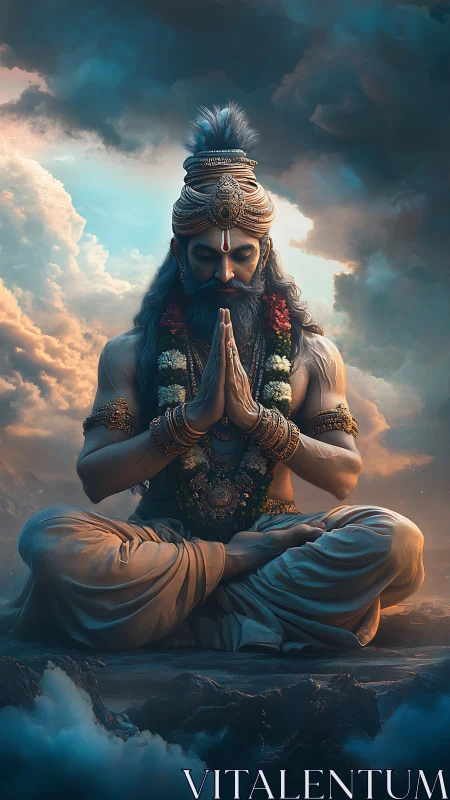 Meditating sage in ornate attire above dramatic clouds.