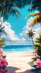 Tropical beach vista with palm foliage, flowering shrubs, and clear blue sky