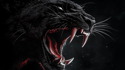 Ferocious black panther snarling with glowing crimson mouth