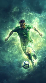 Soccer player in green kit advancing with ball midair.