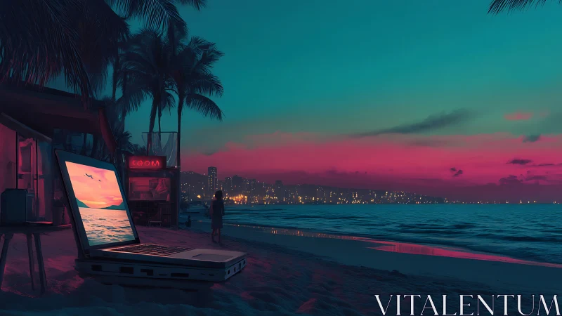 Neon-tinted beach sunset invites quiet moments with technology