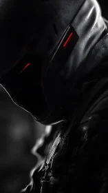 Stealth cybernetic soldier in black armor with red visor glow.