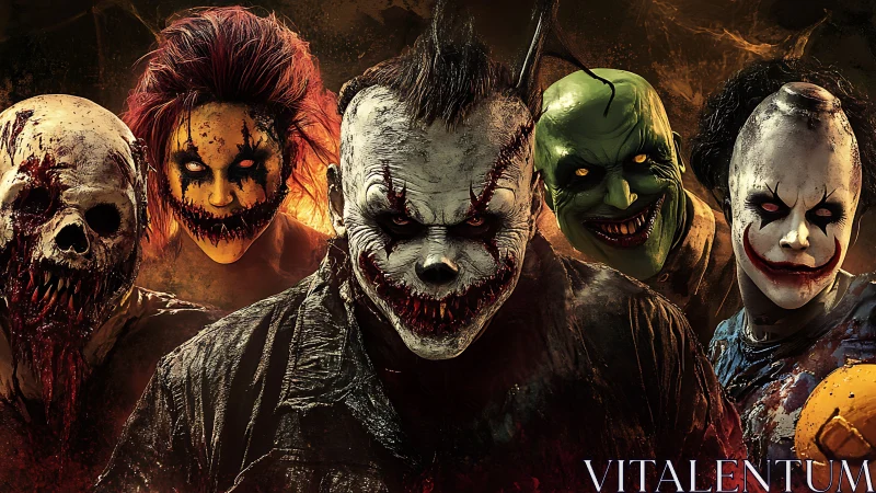 Group of grotesque masked figures with exaggerated faces.