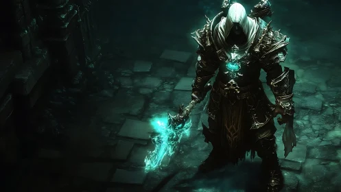 Hooded death knight stands in glowing teal ruin armor.
