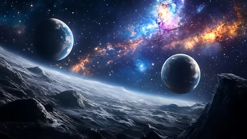 Rocky exoplanet landscape with twin planets and nebula sky.