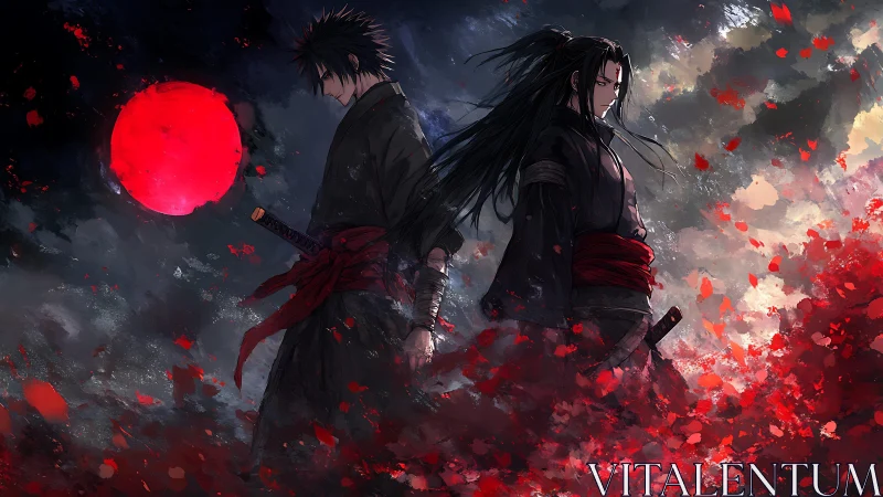 Dual samurai silhouettes beneath crimson eclipse sky.
