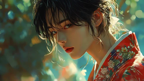 Sunlit kimono gaze in soft bokeh garden hush.