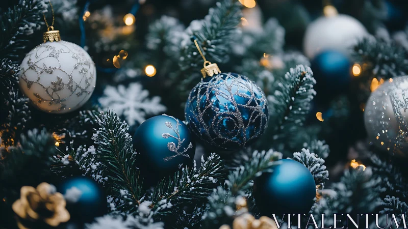 Blue and silver ornaments glow softly on a snowy tree