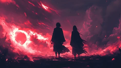 Silhouetted figures stand before red storm sky and eclipse