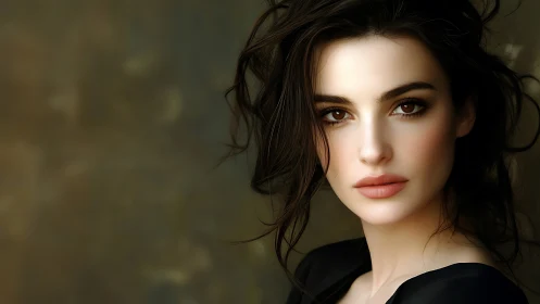 Digital portrait of woman with loose dark hair on neutral ground.