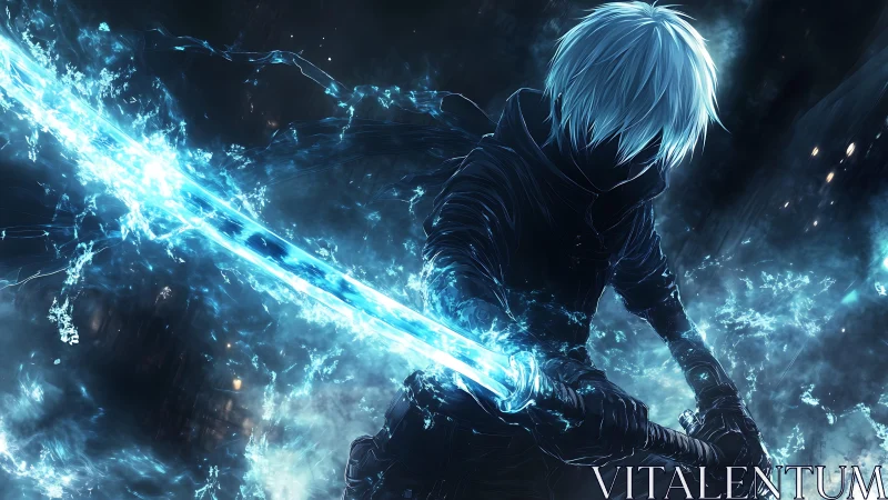 White haired figure with glowing blue energy sword at night.