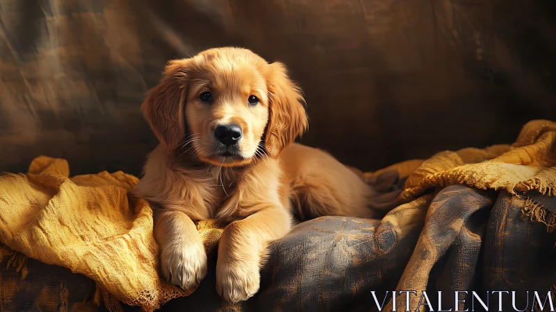 Golden retriever puppy rests on warm textured blankets.