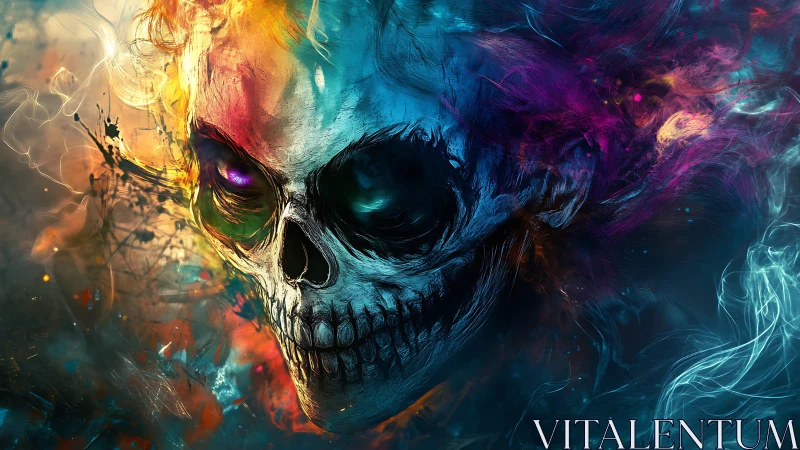 Vivid cosmic skull swirls with wild neon fire and shadowed glow