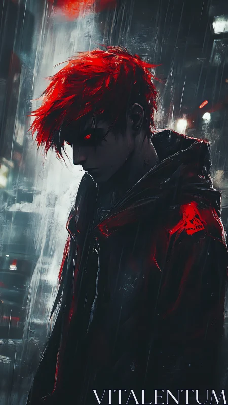 Neon storm wanderer with ember hair in rain-soaked night.