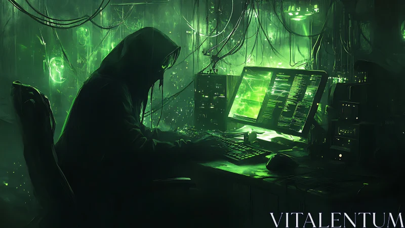 Hooded hacker operates neon-green terminals in dystopian lab
