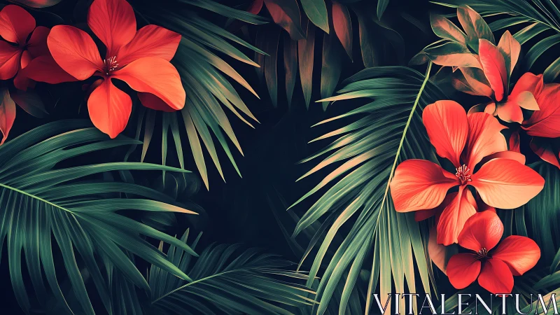 Tropical floral arrangement with coral blooms and green foliage.