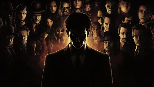 Shadowed leader stands calm as a tense crowd closes in