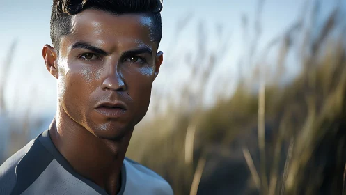 Sweat-sheened athlete portrait in shallow field focus study.