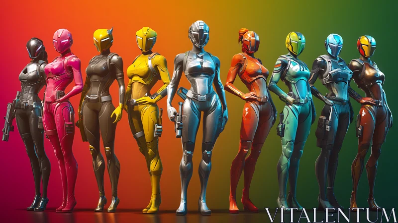 Row of stylized armored female soldiers stands in uniform line