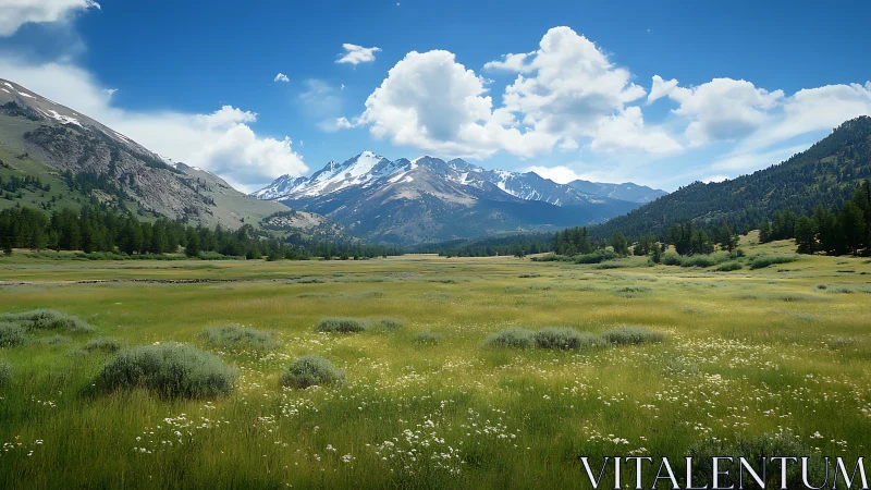 Sunlit alpine meadow opens toward distant snowcapped mountains