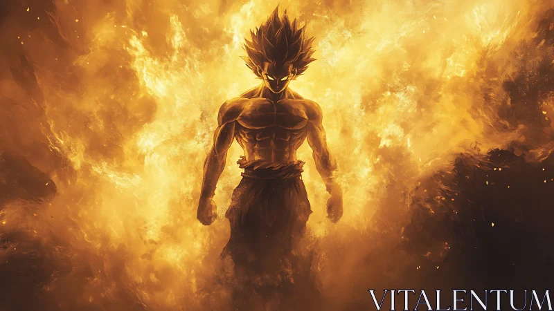 Fierce fiery warrior strides forward through raging golden flames