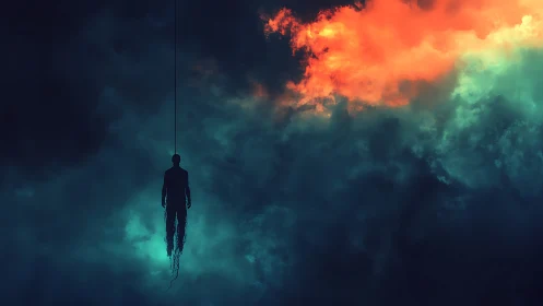 Silhouette suspended in glowing storm clouds at night