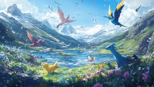 Pokemon creatures roam luminous alpine valley under bright sky