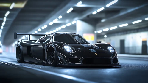 Black racing supercar in tunnel under cool neon lights.