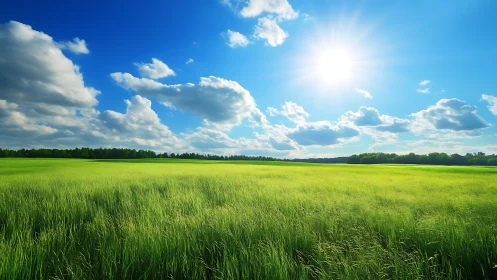 Sunlit green meadow stretches under deep blue summer sky