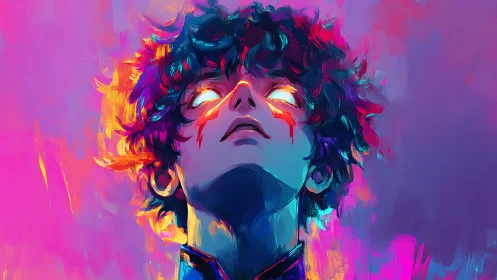 Luminous gaze in electric neon dreamlight portrait.