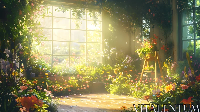 Sunlit floral conservatory interior rendered in soft digital light