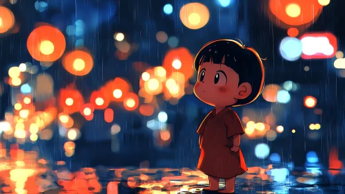 Child in neon rain with luminous bokeh reflections at night.