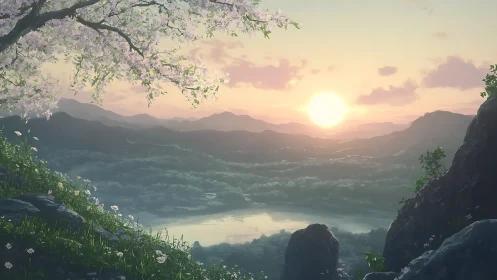 Serene sunset over distant mountains and quiet river valley.