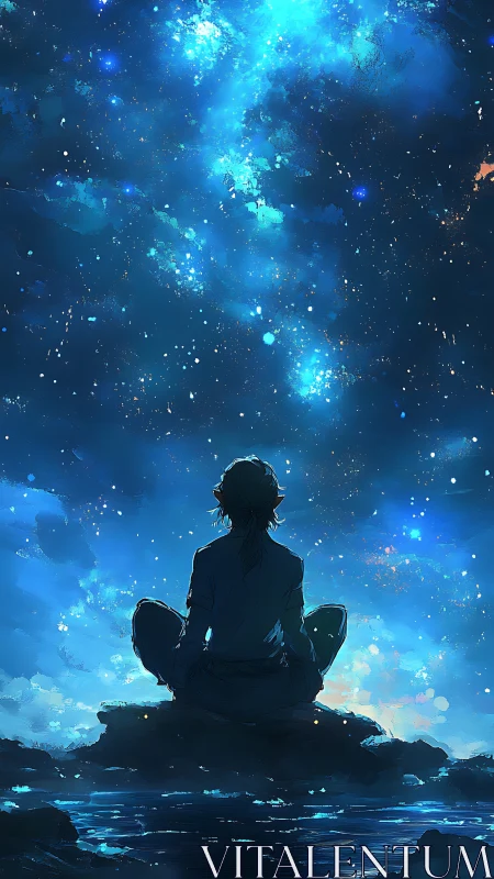 Solitary figure observing luminous night sky over water.