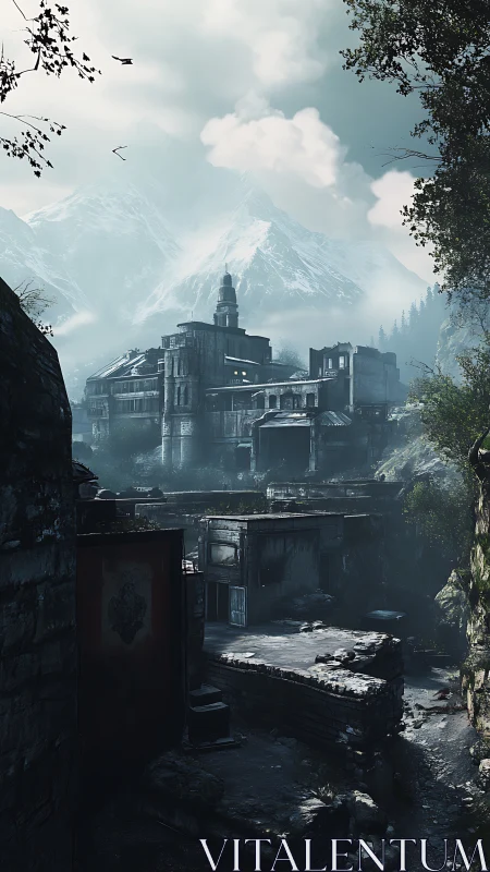 Snowbound fortress dominates misty alpine valley skyline.