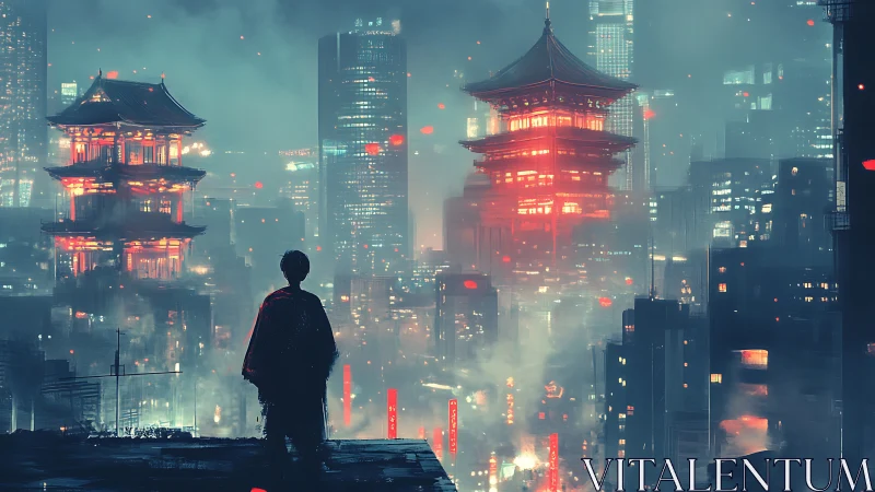 Neon pagoda skyline with solitary observer in cybernetic haze.