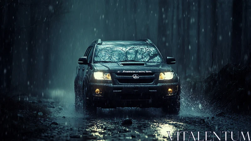 Off-road SUV advances through rain-soaked forest track at night