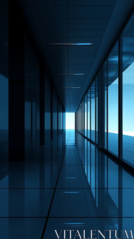 Long corridor with reflective floor and glass facade viewed.